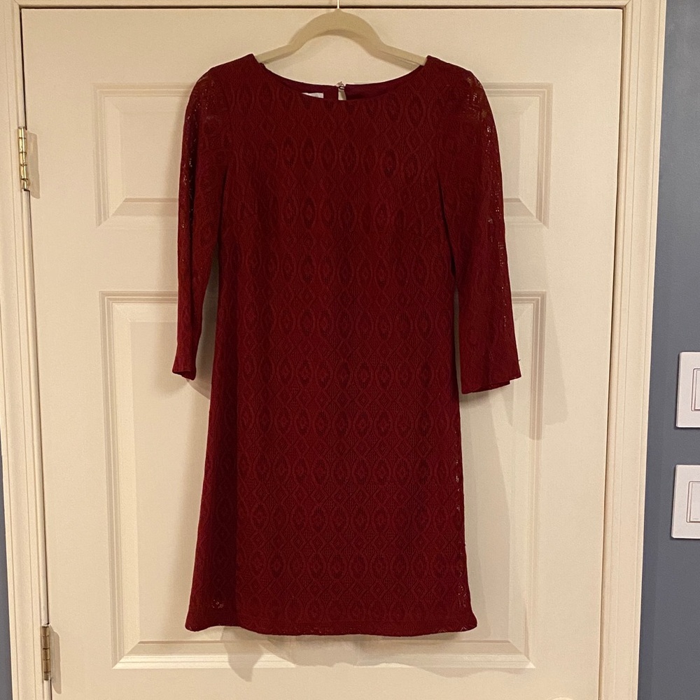 London Times Burgundy Lace Long-Sleeve Shift Dress